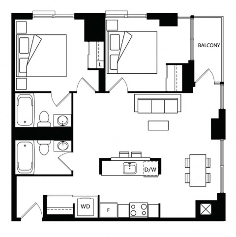 Floor plan for 2 beds, 1 bath, 795 sqft